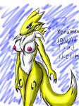  2012 3_fingers blue_background blue_eyes breasts canine chest_tuft claws digimon erect_nipples female fox fur looking_at_viewer mammal nipples pink_nipples plain_background pussy renamon sketch snowfyre solo standing tuft white_background white_fur white_skin yellow_fur yellow_skin 