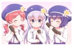  3girls ^_^ beret blue_eyes blue_hair blue_hat blue_skirt blush chimame-tai closed_eyes closed_mouth collarbone eyes_closed flower gochuumon_wa_usagi_desu_ka? goth_risuto grin hair_ornament hair_scrunchie hat hat_flower holding jouga_maya kafuu_chino long_hair long_sleeves low_twintails multiple_girls natsu_megumi red_hair sailor_collar school_uniform scrunchie serafuku shirt skirt smile suspender_skirt suspenders tube twintails upper_body very_long_hair white_sailor_collar white_scrunchie white_shirt yellow_flower 