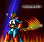  2012 anthro blue_body blue_skin breasts clothing digimon dragon female fire fire_background flamedramon fur hair horn lizard long_hair looking_at_viewer nipples pussy red_eyes red_hair reptile scalie snowfyre solo standing sword text weapon white_fur white_skin 