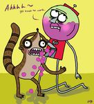  anthro ball_fondling balls balls_on_face benson blush brown_fur duo fur gay gumball_machine hands humor male mammal open_mouth oral plain_background raccoon regular_show rigby ringed_tail teeth what yellow_background 