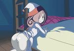  ass bed bottomless bunk_bed commentary dress eyeshadow hair_over_one_eye hat highres indoors kneeling little_witch_academia long_hair long_sleeves looking_back makeup nightcap nightgown nightgown_lift orange_peel_(artist) pajamas pale_skin pink_eyes pink_hair pussy smile solo stairs sucy_manbavaran uncensored white_dress 