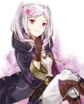  boots breasts brown_footwear brown_gloves cleavage cloak crossed_legs female_my_unit_(fire_emblem:_kakusei) fire fire_emblem fire_emblem:_kakusei fire_emblem_heroes gimurei gloves hair_ribbon hand_on_own_chin hood hooded_cloak leather leather_gloves long_hair menoko my_unit_(fire_emblem:_kakusei) pants purple_fire red_eyes ribbon robe shirt silver_hair small_breasts twintails 