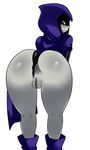  1girl anus ass bare_legs cape dc dc_comics dcau english eric_lowery from_behind grey_skin legs leotard looking_back pussy raven raven_(dc) simple_background solo sssonic2 teen_titans 