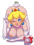 1girl ass blonde_hair blue_eyes breasts gloves looking_at_viewer nipples princess_peach simple_background super_mario_bros. tanline thedirtymonkey v white_background 