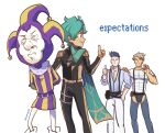  4boys ^_^ archie_pendragon belt black_jacket black_male_underwear black_pants blue_hair brown_belt brown_eyes chest_hair closed_eyes clown danyal_baron english_text fairytale_police_hoe_department feet_out_of_frame green_hair green_scarf highres idoraad jacket male_focus male_underwear multiple_boys muscular muscular_male pants pectoral_cleavage pectorals satou_kotarou_(fairytale_police_hoe_department) scarf shirt short_hair simple_background teeth thumbs_up twitter_username underwear white_background white_pants white_shirt 