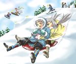  5boys bad_id bad_pixiv_id celica_yuki gensou_suikoden gensou_suikoden_tierkreis hero_(suikoden_tierkreis) jale liu-shen manaril marica_(suikoden_tierkreis) mubal multiple_boys multiple_girls roberto_(suikoden) skis sled snow snowboard toboggan 