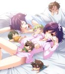  allelujah_haptism brown_hair chibi closed_eyes eyepatch green_hair gundam gundam_00 innovator legs lockon_stratos lying lyle_dylandy multiple_boys neil_dylandy no_pants on_back on_stomach open_mouth otoko_no_ko purple_eyes purple_hair red_eyes regene_regetta ribbons_almark saliva setsuna_f_seiei sleeping takitsume_shino tieria_erde 