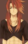  bad_id bad_pixiv_id brown_background green_eyes horey long_hair luke_fon_fabre male_focus midriff navel red_hair smile solo tales_of_(series) tales_of_the_abyss 