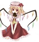  blonde_hair chocolate chocolate_heart flandre_scarlet hat heart mob_cap mouth_hold muzuki_hikari red_eyes simple_background solo touhou white_background wings 