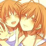  antenna_hair bad_id bad_pixiv_id brown_eyes brown_hair carrying clannad furukawa_nagisa hani_(udauda) multiple_girls okazaki_ushio short_hair 