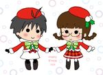  2girls akizuki_ritsuko antenna_hair blush bow braid chibi christmas fuu_(futian) glasses hat holly idolmaster idolmaster_(classic) idolmaster_live_for_you! kikuchi_makoto multiple_girls snow twin_braids 