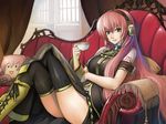  bad_id bad_pixiv_id bare_shoulders black_legwear blue_eyes boots cameo couch cross-laced_footwear crossed_legs cup headset knee_boots kurojishi lace-up_boots long_hair megurine_luka navel pillow pink_hair sitting smile solo takoluka tea thighhighs thighs very_long_hair vocaloid window 