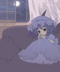  bad_id bad_pixiv_id blue_hair couch hat highres moon oto red_eyes remilia_scarlet short_hair solo touhou window wings 