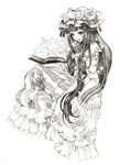  book crescent greyscale hat long_hair monochrome patchouli_knowledge reading sitting solo takatora touhou traditional_media 