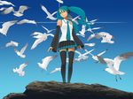  aqua_eyes aqua_hair bird blue_hair day detached_sleeves flock hatsune_miku kiriman_(souldeep) long_hair necktie seagull skirt sky solo thighhighs twintails vocaloid zettai_ryouiki 