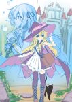  2girls bag black_cat blonde_hair boots brown_footwear cape cat dress full_body gloves hat highres holding holding_wand knee_boots little_witch_nobeta long_hair multiple_girls nobeta nobeta_(witch_skin) nonota_(little_witch_nobeta) official_art outdoors phyllis_(cat)_(little_witch_nobeta) phyllis_(little_witch_nobeta) purple_thighhighs shoulder_bag sleeveless staff standing thighhighs unfinished very_long_hair wand white_gloves witch_hat yellow_eyes zettai_ryouiki 