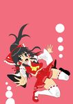  black_eyes black_hair bow detached_sleeves hakurei_reimu japanese_clothes long_hair miko panties pantyshot ribbon ribbon_trim sarashi skirt solo thighhighs touhou underwear yuiko 