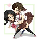  black_eyes black_hair blush braid breast_grab breasts brown_eyes brown_hair copyright_request glasses grabbing large_breasts multiple_girls ribbon school_uniform shia_(lv43) short_hair thighhighs twin_braids yuri 