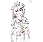  breasts color_trace h-new hat japanese_clothes kimono large_breasts neck_ribbon open_mouth production_art ribbon saigyouji_yuyuko short_hair sketch smile solo steepled_fingers touhou traditional_media upper_body wide_sleeves 
