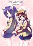  animal_ears blue_hair brown_eyes brown_hair cat_ears cat_tail clannad furukawa_nagisa hikarizaka_private_high_school_uniform ichinose_kotomi long_hair multiple_girls ootaka_narumi purple_eyes school_uniform short_hair tail twintails 