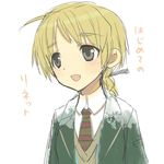  :d blonde_hair braid brown_eyes collared_shirt eitomo_haruno eyebrows eyebrows_visible_through_hair long_sleeves lowres lynette_bishop open_mouth shirt simple_background single_braid smile solo strike_witches sweater_vest translated upper_body white_background white_shirt world_witches_series 
