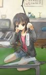  bad_id bad_pixiv_id black_hair cardigan game_console nyama original rug shorts sitting socks solo table television wariza wii 