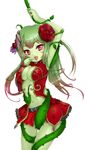  arm_up belt breasts brooch cleavage flower gradient_hair green_skin hair_flower hair_ornament highres jewelry large_breasts long_hair looking_at_viewer monster_girl multicolored_hair navel open_mouth original piercing plant plant_girl red_eyes red_flower red_hair red_rose reni ring rose simple_background skirt solo thorns tongue tongue_out tongue_piercing two-tone_hair vines white_background 