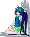  bad_id bad_pixiv_id barefoot blue_hair heterochromia lets oriental_umbrella purple_umbrella short_hair solo tatara_kogasa touhou umbrella 