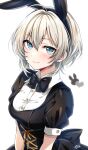  1girl absurdres ahoge alternate_costume anastasia_(idolmaster) animal_ear_hairband animal_ears bad_id bad_twitter_id black_bow black_bowtie blue_eyes blush bow bowtie breasts commentary_request cross-laced_clothes enmaided fake_animal_ears grey_hair hairband highres idolmaster idolmaster_cinderella_girls looking_at_viewer maid medium_breasts popon_ta puffy_short_sleeves puffy_sleeves rabbit_ear_hairband rabbit_ears short_hair short_sleeves signature simple_background smile solo upper_body white_background 