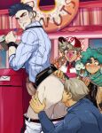  4boys ahoge anilingus archie_pendragon ass_hair bara baseball_cap belt bird black_belt blue_eyes blue_jacket blue_shirt blurry blurry_background blush clothes_pull cross-eyed danyal_baron doughnut ear_piercing eating erection fairytale_police_hoe_department food hand_on_another&#039;s_ass hat highres idoraad jacket long_sleeves looking_at_another mailbox_(incoming_mail) male_focus multiple_boys owl pants pants_pull penis pet piercing pinocchio_ardalos public_indecency satou_kotarou_(fairytale_police_hoe_department) shirt short_hair sweets undercut white_pants 