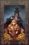  1girl aragaya blonde_hair bow coat cravat cross detached_sleeves dress elbow_gloves flower gloves glowing glowing_eyes grin hat highres lace lips long_hair phantom_of_the_opera red_eyes ribbon sitting smile top_hat victorian wavy_hair 