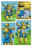 2022 abs animal_humanoid anthro armor bandai_namco biceps big_muscles blue_body butt clothed clothing colored comic digimon digimon_(species) digital_drawing_(artwork) digital_media_(artwork) evolution evolution_(transformation) flexing flexing_bicep headgear helmet hi_res horn horned_helmet humanoid magnamon male mask muscular muscular_male muscular_thighs nude partially_clothed pecs red_eyes regulartf scalie scalie_humanoid sequence solo species_transformation tail tail_motion tailwag transformation transformation_sequence transformation_through_technology wireframe yellow_armor