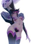  1girl absurdres artist_name blue_eyes breasts c-string commentary cosplay from_below hat heart_maebari highres jakuzure_nonon jakuzure_nonon_(cosplay) jakuzure_nonon_(symphony_regalia) kenosousaku kill_la_kill maebari matoi_ryuuko multicolored_hair pink_nails revealing_clothes shako_cap short_hair skull_print solo speaker strapless_bottom two-tone_hair white_hair 