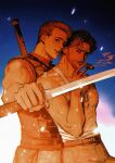  2boys amuii belt brown_eyes brown_hair cigar cowboy_shot deadpool english_commentary head_tilt highres holding holding_sword holding_weapon katana light_brown_hair looking_at_viewer male_focus marvel mouth_hold multiple_boys muscular muscular_male pants pectorals short_hair sleeveless smirk smoke smoking sword tank_top weapon white_tank_top wolverine_(x-men) x-men x-men_film_series x-men_origins:_wolverine yaoi 