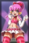  :d bad_id bad_pixiv_id bangs bare_shoulders battle_spirits battle_spirits:_shounen_toppa_bashin belt blush border bow breasts clenched_hand cowboy_shot crop_top elbow_gloves from_below gloves green_eyes hair_between_eyes hair_bow hair_bun halterneck headset heart hun idol lights midriff miniskirt my_sunshine navel open_mouth panties pantyshot pantyshot_(standing) pink_hair pink_legwear pink_panties pleated_skirt red_legwear red_panties short_hair sidelocks skirt small_breasts smile solo standing striped striped_legwear striped_panties thighhighs turtleneck underwear upskirt white_gloves wide_hips 