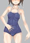  abs bad_id bad_pixiv_id blush brown_hair head_out_of_frame muscle one-piece_swimsuit original school_swimsuit short_hair solo swimsuit tarayama 
