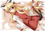  animal_ears ass blonde_hair cat_ears cat_tail chen chen_(cosplay) cosplay dutch_angle earrings embarrassed hair_ribbon hat jewelry long_hair looking_back multiple_tails nozomi_tsubame paw_pose purple_eyes ribbon simple_background solo tail touhou yakumo_yukari 