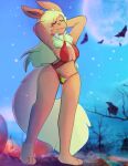 2021 3_toes anthro bats_in_background big_breasts blonde_hair breasts brown_nose chest_tuft cleavage clothed clothing cosplay eeveelution eyes_closed fangs feet female flareon fluffy fluffy_tail food fruit full_moon fur generation_1_pokemon hair halloween hi_res holidays kitsunekotaro koriand_wildfire long_hair long_tail markings mole_(marking) moon navel night nintendo orange_body orange_fur plant pokemon pokemon_(species) pose pumpkin solo star swimwear tail teeth toes tuft vampirella