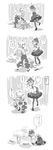  absurdres animal_ears blush bow comic cup facedesk fujiwara_no_mokou greyscale hair_bow highres mitsumoto_jouji monochrome multiple_girls mystia_lorelei sack suspenders table thighhighs touhou translated 