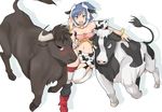  animal animal_ears animal_print blue_eyes blue_hair breasts bull chinese_zodiac cleavage cow cow_girl cow_print horns large_breasts original solo tail tarayama thighhighs year_of_the_ox 