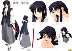  artist_request black_hair brown_eyes character_sheet japanese_clothes multiple_views omc original ponytail sheath sheathed sword turnaround weapon 