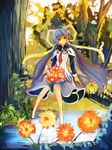  blue_hair cape floating flower forest hoshino_yumemi long_hair long_sleeves looking_at_viewer nature necktie planetarian plant pond red_eyes red_neckwear sitting solo torinohito tree very_long_hair water 
