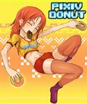  buruma closed_eyes doughnut eating fang food midriff mouth_hold navel orange_hair orange_legwear original skindentation solo tarayama thighhighs 