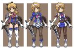  alternate_costume armor armored_dress bad_id bad_pixiv_id bare_shoulders blonde_hair boots bow brown_background cassandra_alexandra costume_chart gloves green_eyes hair_bow hairband hun leotard multiple_persona necktie pantyhose pink_neckwear ponytail shield shoulder_pads soulcalibur sword thigh_boots thighhighs weapon 