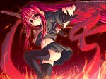  alastor_(shakugan_no_shana) black_legwear fire jewelry long_hair non-web_source pendant red red_eyes red_hair school_uniform shakugan_no_shana shana sword thighhighs weapon zettai_ryouiki 