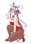  adjusting_eyewear animal_ears artist_request breasts bunny_ears bunnysuit copyright_request covered_nipples glasses grin jpeg_artifacts large_breasts long_hair non-web_source pantyhose purple_eyes purple_hair smile solo 