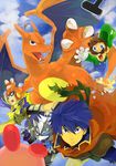  artist_request blue_eyes blue_hair blue_wings cape captain_falcon charizard claws f-zero facial_hair fire_emblem fire_emblem:_souen_no_kiseki furry game_&amp;_watch gen_1_pokemon gloves hat headband helmet highres ike kirby kirby_(series) luigi mario_(series) mr._game_&amp;_watch multiple_boys mustache poke_ball pokemon pokemon_(creature) red_eyes scarf star_fox super_mario_bros. super_smash_bros. sword weapon wings wolf_o'donnell 