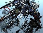  1boy black_hair bouquet damaged faux_traditional_media flower gundam gundam_00 gundam_exia male_focus mecha moto_murabito setsuna_f_seiei solo 