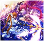  action armor battle duel feathers levantine long_hair lyrical_nanoha magical_girl mahou_shoujo_lyrical_nanoha mahou_shoujo_lyrical_nanoha_a's mahou_shoujo_lyrical_nanoha_strikers multiple_girls ponytail raising_heart signum sword takamachi_nanoha torn_clothes twintails very_long_hair weapon yone 