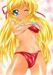  bikini blonde_hair breast_hold breasts green_eyes long_hair marker_(medium) one_eye_closed original shiny shiny_clothes shiny_hair shiny_skin solo swimsuit traditional_media very_long_hair yadokari_genpachirou 